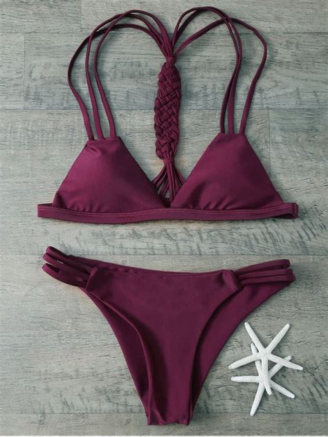 Macrame Back Strappy Bikini Set WINE RED Bikinis S ZAFUL