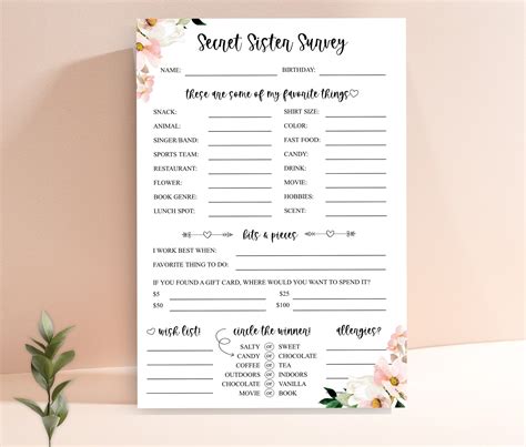 Secret Sister Survey Secret Sister Questionnaire Get To Know You Template All About Me Worksheet