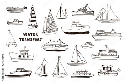 Water Transport Boat Ship Yacht Vector Hand Drawn Doodle Line