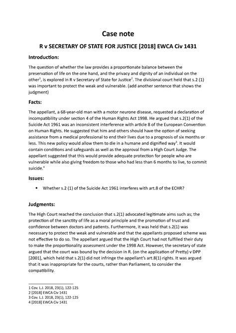 285 Cls Case Note Case Note R V Secretary Of State For Justice 2018