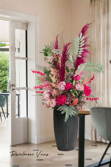 Droogbloemen Boeket Droogboeketten Met Zijden Bloemen In Zwarte Vaas