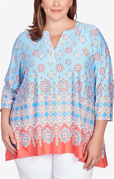 Ruby Rd Plus Size Tile Pull Border Print Sharkbite Top Shopstyle