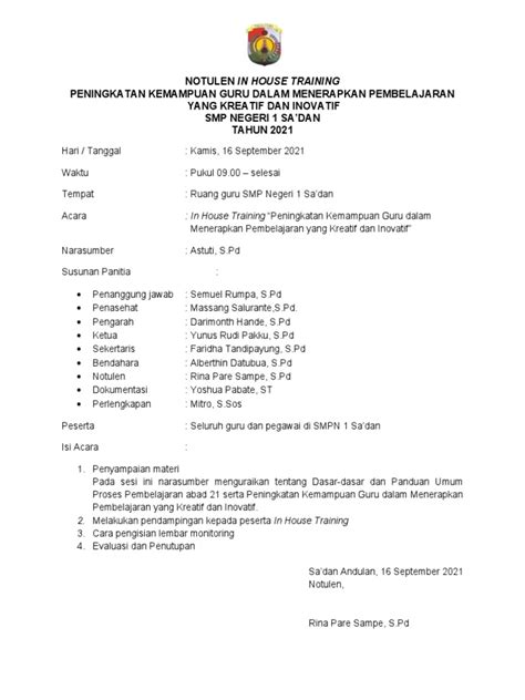 Notulen In House Training Smpn 1 Sadan Pdf