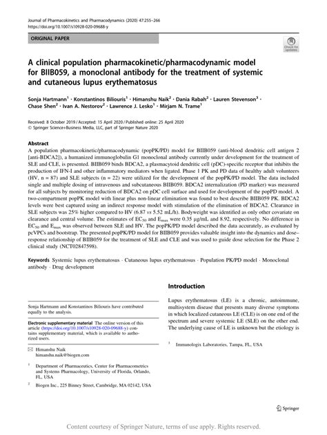 A Clinical Population Pharmacokinetic Pharmacodynamic Model For Biib059 A Monoclonal Antibody