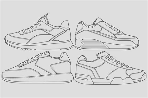 Set Of Outline Cool Sneakers Shoes Sneaker Outline Drawing Vector