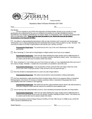 Fillable Online Ferrum Dependency Status Verification Worksheet