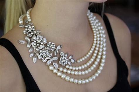 Bridal Statement Necklace Wedding Pearl Necklace Vintage Flowers And Leaves Wedding Jewelry