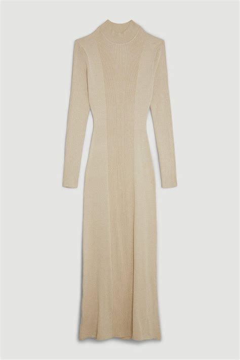 Karen Millen Viscose Blend Long Neck Knit Maxi Dress In Natural Endource