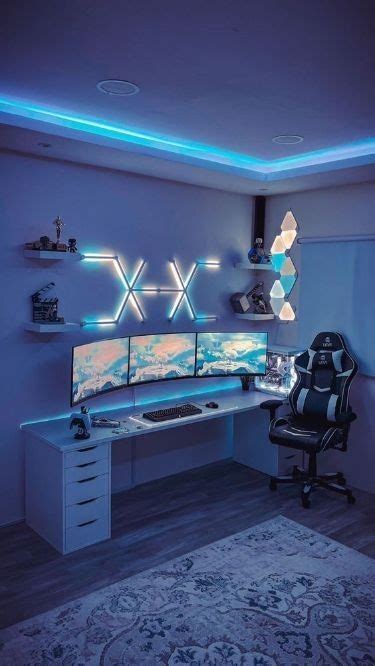 Clean Aesthetic Gaming Room Setup With Rgb Ambient Lighting Game Room