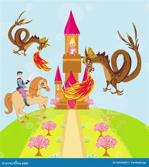 Due Draghi Che Attaccano Il Castello Di Principessa Illustrazione