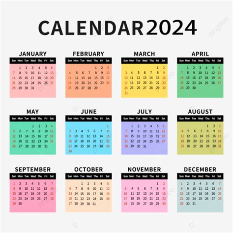 Simple And Colorful 2024 Calendar, 2024, Calendar, Color PNG and Vector with Transparent ...