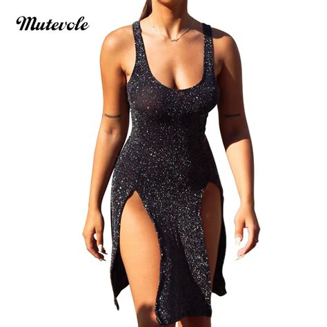 Mutevole Spaghetti Strap Club Party Mini Dress Women High Split Sexy