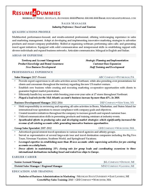Sales Manager Resume Example | Resume4Dummies
