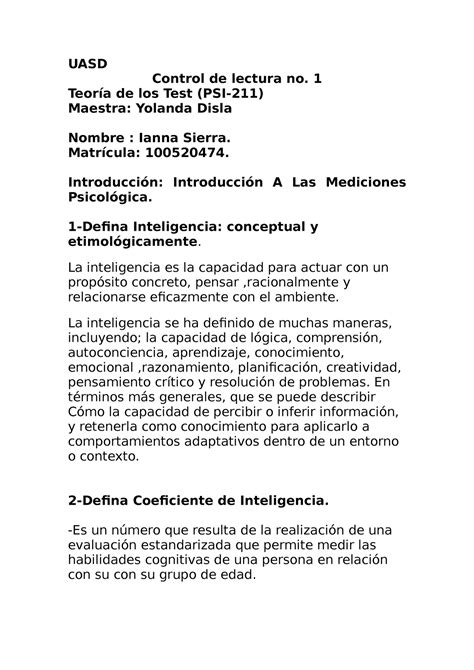 Control De Lectura Uasd Control De Lectura No Teor A De Los Test