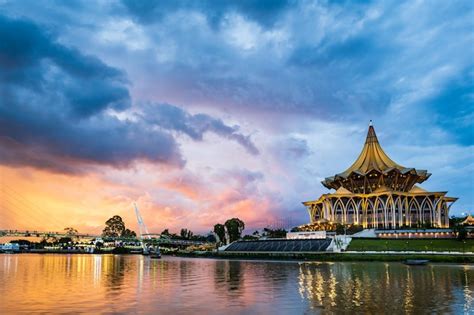 Premium Photo Kuching City Waterfront Sunset View With River And