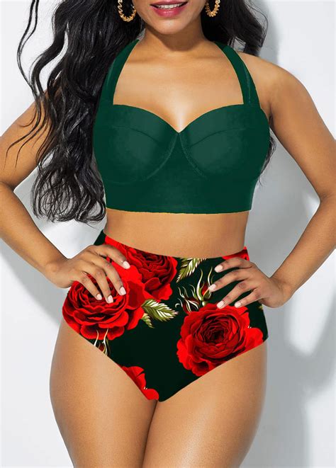 Halter High Waist Floral Print Bikini Set Rosewe USD 32 98