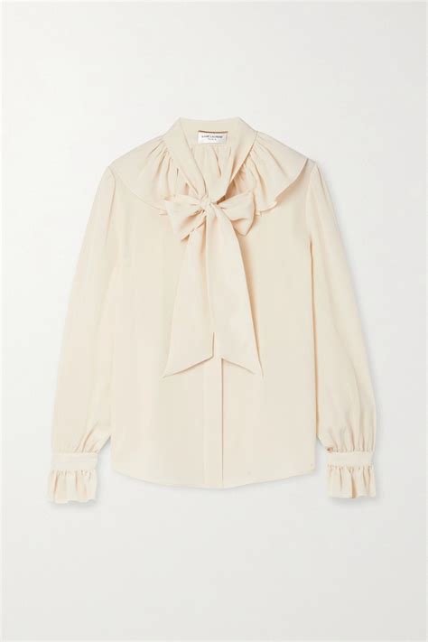 Saint Laurent Pussy Bow Ruffled Silk Crepe De Chine Blouse Cream Fr