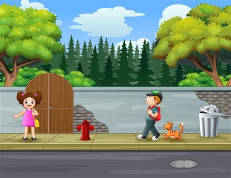 Ilustración De Los Niños En La Acera Vector Premium