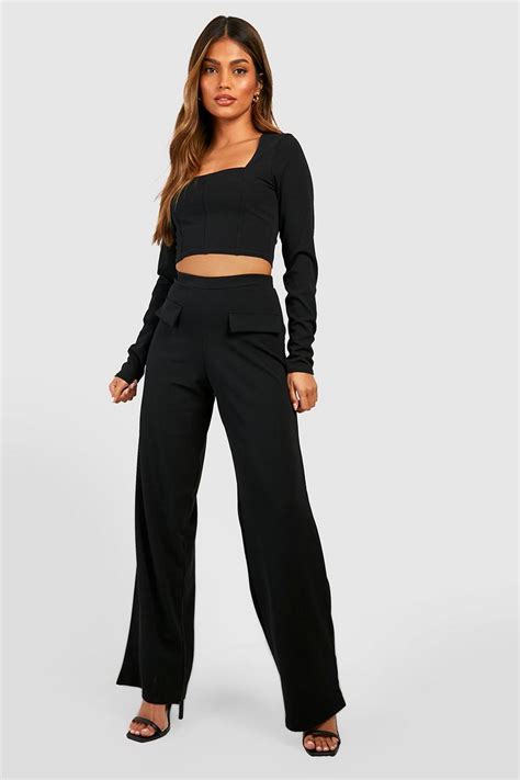 Womens Corset Detail Top And Wide Leg Trouser Boohoo Uk