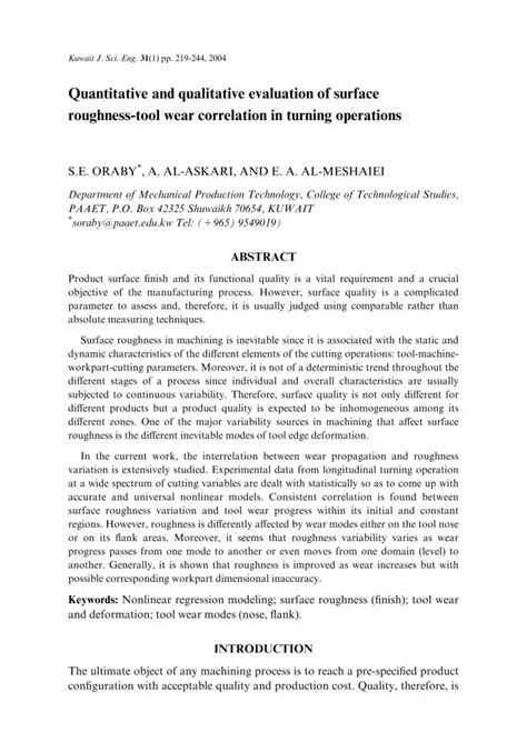 Quantitative And Qualitative Evaluation Of Surface Roughness Tool Wear