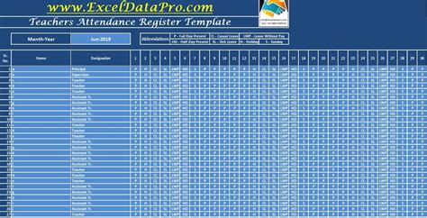 Download Teacher's Attendance Register Excel Template - ExcelDataPro