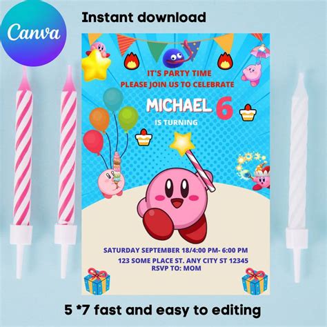 Editable Kirby Birthday Invitation Template Printable Birthday Party