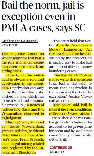 Bail The Norm Jail Is Exception Even In Pmla Cases Says Sc