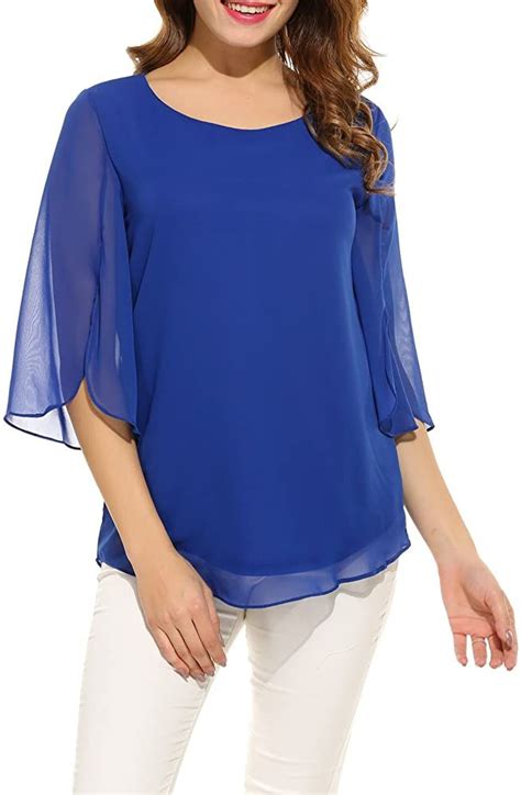 Acevog Womens Casual Scoop Neck Loose Top 3 4 Sleeve Chiffon Blouse