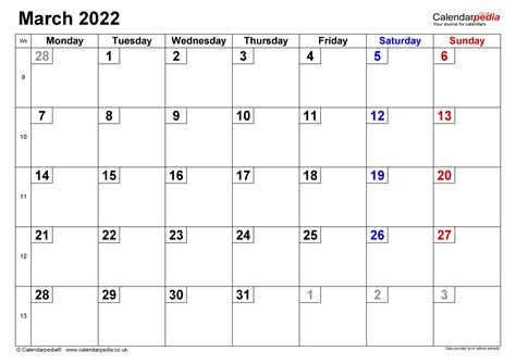 Calendar March 2022 Uk With Pdf Excel And Word Templates