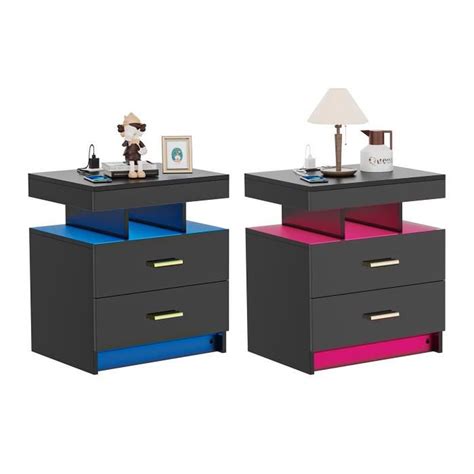 Lot De 2 Table De Chevet Noir Avec LED Table D Appoint Table De Nuit