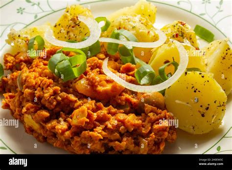 A Plate Of Seasoned Potatoes And Soy Protein Ready To Eat Vegan Food