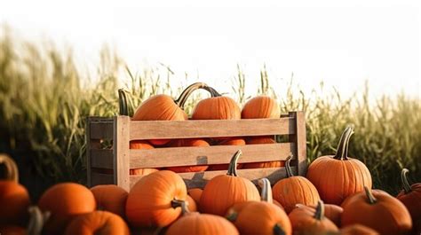 Premium AI Image Pumpkins In A Wooden Box On A Pumpkin Patch Farm Fal