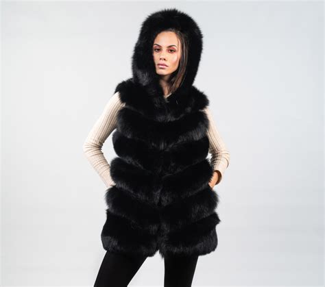 Black Fox Fur Gilet With Hood 100 Real Fur Haute Acorn