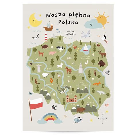 Du A Mapa Polski Ze Zwierz Tami Wielki Plakat Be Owy Dla Dzieci X