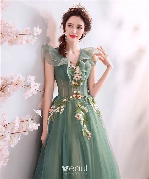 Elegant Sage Green Prom Dresses 2019 A Line Princess Ruffle V Neck