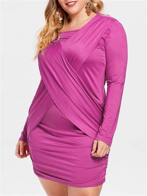 [31 Off] 2020 Plus Size Ruched Long Sleeve Bodycon Dress In Magenta