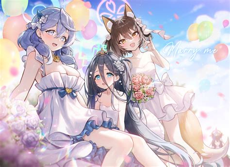 Anime Anime Girls Group Of Women Dress White Dress Flowers Balloon