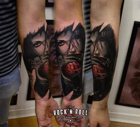 Colored Mystical Looking Forearm Tattoo Of Fantasy Woman With Gas Mask Tattooimages