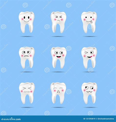 Set Of Cute Tooth Emoji And Emoticons With Different Facial Expressions