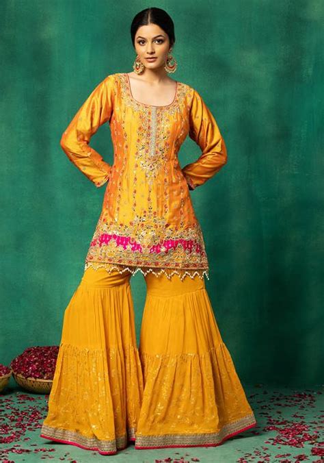 Buy Women Mustard Sequin Embroidered Sharara Set With Embellished Silk