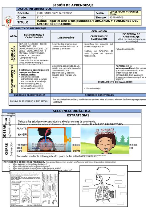 Lunes Sistema Respiratorio Sesi N De Aprendizaje Datos