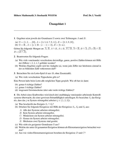 Uebung 01 Ubung Höhere Mathematik 3 Stochastik WS15 16 Prof Dr I