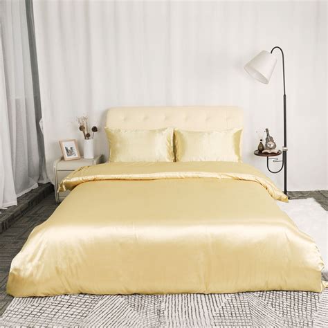 Satin Silk Comforter Duvet Cover Pillowcases Bedding Set Gold Tone King