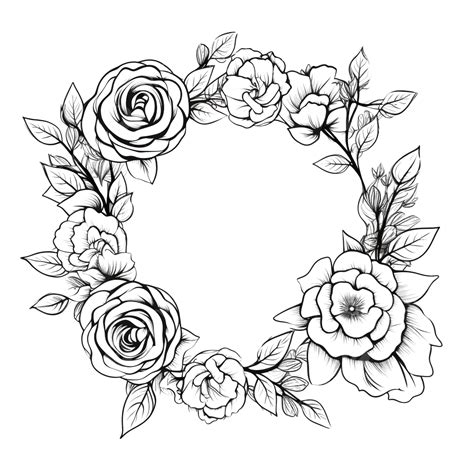 Doodle Line Art Rose Flower Bouquet Wreath Frame Minimal Doodle Art