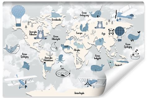 Fototapeta Flizelinowa MURALO Mapa Świata Zwierzątka Samoloty 90x60 cm
