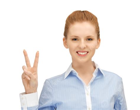 Young Woman Showing Victory Sign Smiling Gorgeous Adult Attractive