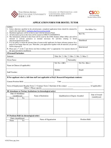 Fillable Online Sao Cpce Polyu Edu APPLICATION FORM FOR HOSTEL TUTOR