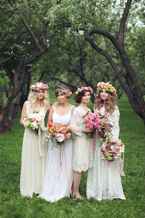 Boho Chic Wedding Ideas White Lace Boho Bridesmaid Dresses With