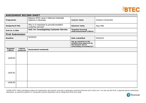 Btec Assessment Record Assessment Record Sheet Programme Pearson Btec Level 3 National