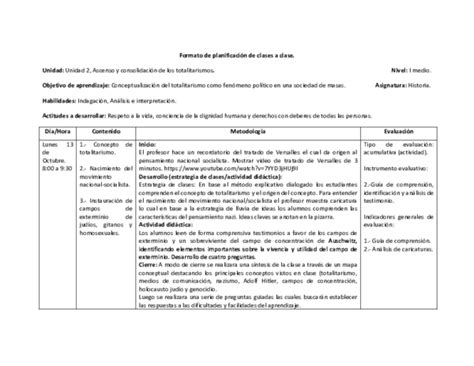 Doc Formato De Planificación De Clases A Clase